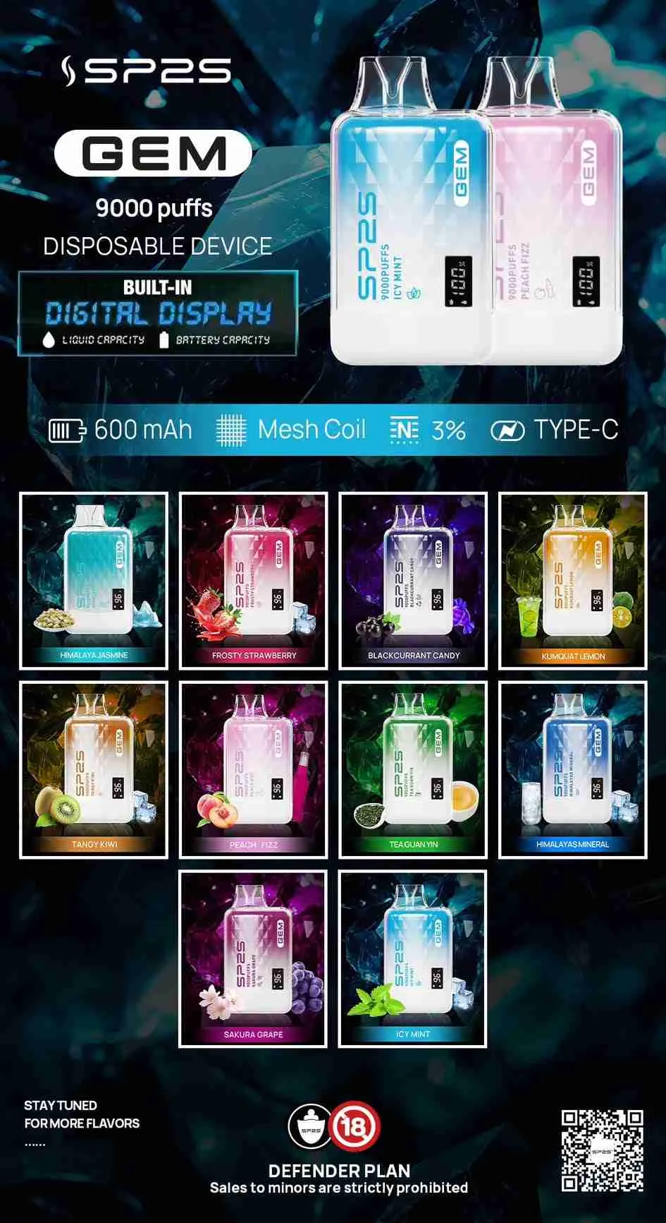 SP2S GEM9000口拋棄式電子煙|高清顯示屏|持久煙感:圖片 2